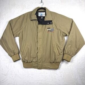 Vintage 90s NASCAR Exide Batteries Bomber Windbreaker Jacket Tan Mens Large